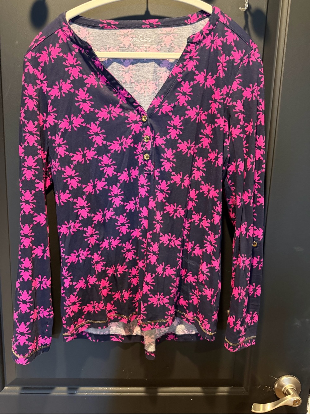 Lilly Pulitzer Navy Long Sleeve Henley with Hot Pink Floral Print